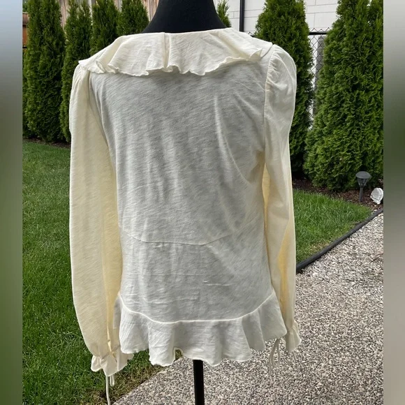 Anthropologie Cream Ruffled V-Neck Long Sleeve Blouse - Picture 5 of 9